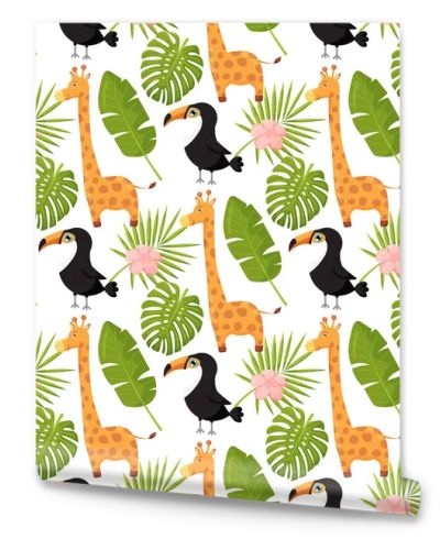 Giraffes, toucans and palm leaves seamless pattern. Jungle animals with tropical plants print. 