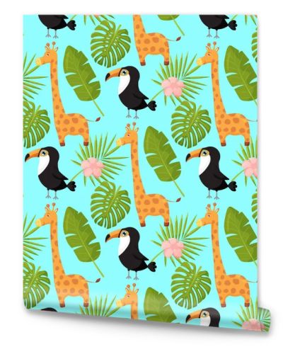 Giraffes, toucans and palm leaves seamless pattern. Jungle animals with tropical plants print. 