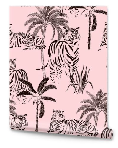 Tiger wild cat safari jungle pattern. Seamless design with palm trees, wild animals, nature plnats balack illustration. Hand-drawn doodle sketch. Vcetor