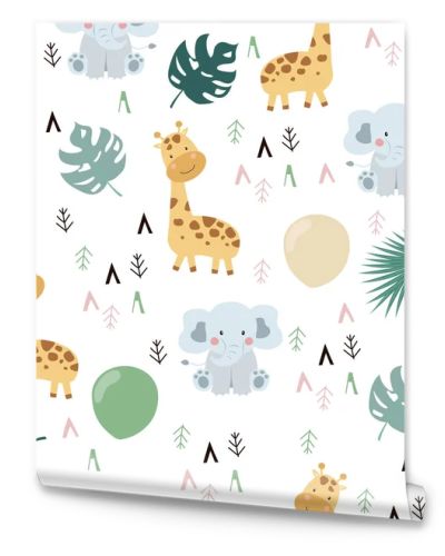 Hand drawn seamless pattern with giraffe,elephant,leaf and geometric