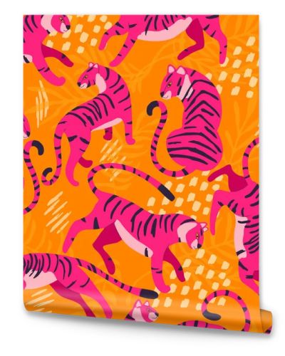 Seamless pattern with hand drawn exotic big cat tiger, in bright pink, with tropical plants and abstract elements on vibrant orange background. Colorful flat vector illustration