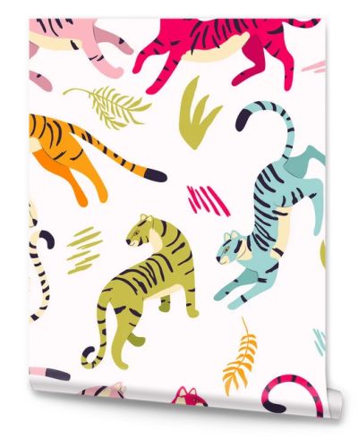 Seamless pattern with hand drawn exotic big cat tigers, in different vibrant colors, with tropical plants and abstract elements on light cream background. Colorful flat vector illustration