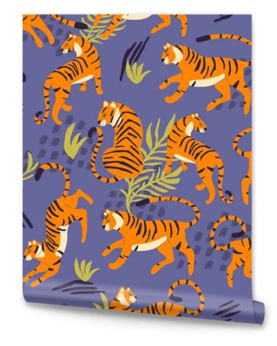 Seamless pattern with hand drawn exotic big cat tiger, with tropical plants and abstract elements on purple background. Colorful flat vector illustration