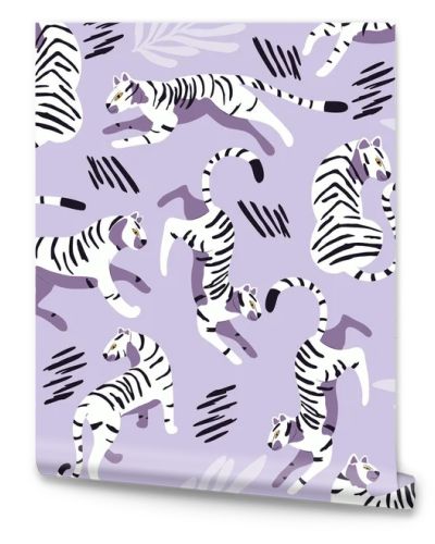 Seamless pattern with hand drawn exotic big cat white tiger, with tropical plants and abstract elements on light purple background. Colorful flat vector illustration