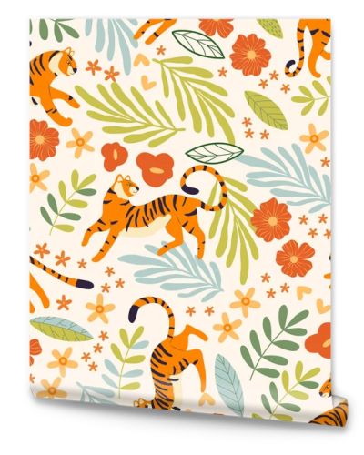 Seamless pattern with hand drawn exotic big cat tiger, with tropical plants, flowers and abstract elements on white background. Colorful flat vector illustration