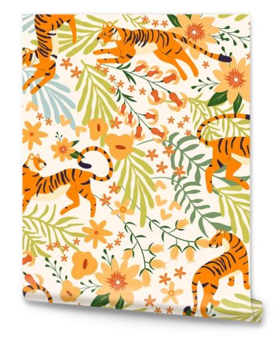 Seamless pattern with hand drawn exotic big cat tiger, with tropical plants, flowers and abstract elements on white background. Colorful flat vector illustration