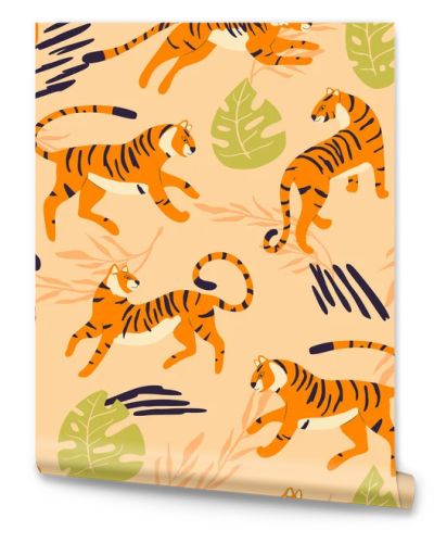 Seamless pattern with hand drawn exotic big cat tiger, with tropical plants and abstract elements on light brown background. Colorful flat vector illustration