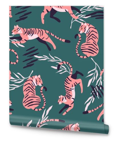 Seamless pattern with hand drawn exotic big cat pink tiger, with tropical plants and abstract elements on green background. Colorful flat vector illustration
