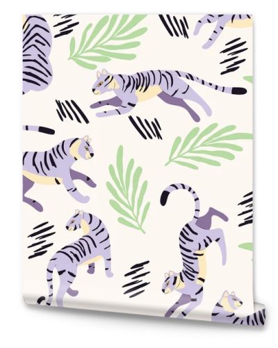 Seamless pattern with hand drawn exotic big cat purple tiger, with tropical plants and abstract elements on white background. Colorful flat vector illustration