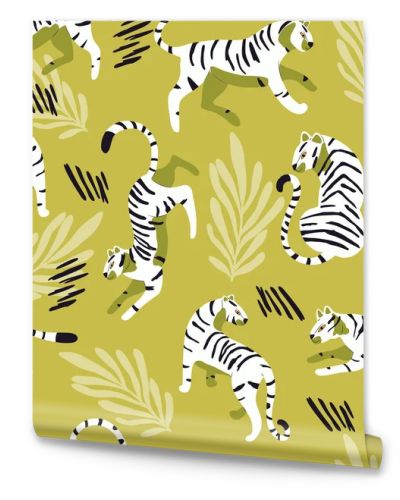 Seamless pattern with hand drawn exotic big cat white tiger, with tropical plants and abstract elements on light green background. Colorful flat vector illustration