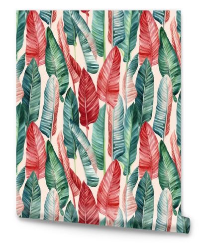 Palm leaves, tropical background, hand drawn watercolor botanical painting. Seamless pattern, jungle wallpaper. Red leaf. High quality illustration