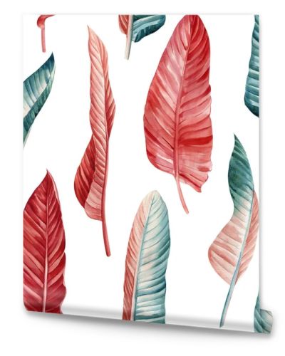 Palm leaves, tropical background, hand drawn watercolor botanical painting. Seamless pattern, jungle wallpaper. Red leaf. High quality illustration