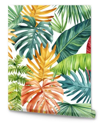 Colored Palm leaves, tropical background, hand drawn watercolor botanical painting. Seamless pattern, jungle wallpaper. High quality illustration