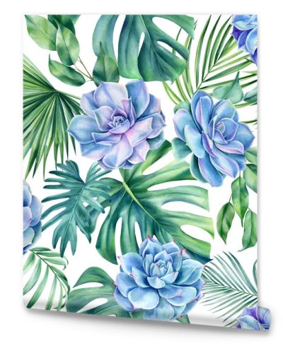 Succulents and palm leaf. Tropical seamless pattern. Jungle palm leaves and flowers watercolor painting. High quality illustration