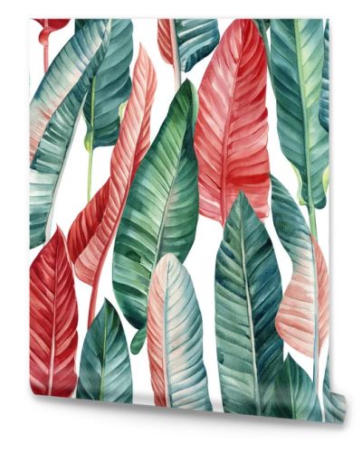 Palm leaves, tropical background, hand drawn watercolor botanical painting. Seamless pattern, jungle wallpaper. Red leaf. High quality illustration