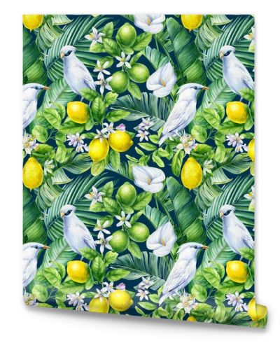 Bali Starling, leaves and butterfly. Tropical Seamless pattern, jungle illustration print. Watercolor style . High quality illustration