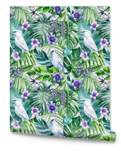 Bali Starling, leaves and butterfly. Tropical Seamless pattern, jungle illustration print. Watercolor style . High quality illustration