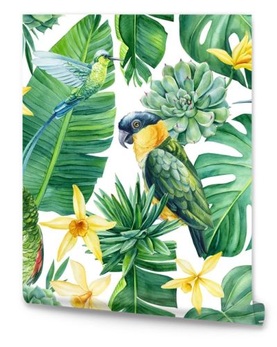 Palm leaves, vanilla flowers and parrots, tropical background, watercolor painting. Seamless pattern, jungle wallpaper. High quality illustration