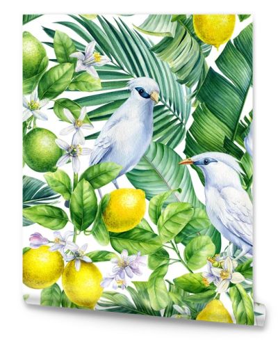 Bali Starling, leaves and butterfly. Tropical Seamless pattern, jungle illustration print. Watercolor style . High quality illustration