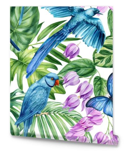 Tropical palm leaves, flowers and birds on white background. Watercolor hand-painted. Floral Seamless pattern. Jungle design . High quality illustration