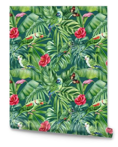 Tropical palm leaves, flowers and birds on white background. Watercolor hand-painted. Floral Seamless pattern. Jungle design . High quality illustration