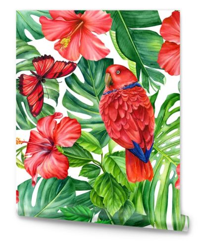 Tropical palm leaves, flowers, butterfly and birds. Watercolor hand-painted. Floral Seamless pattern. Jungle design. High quality illustration