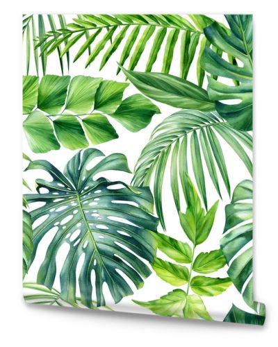 Palm leaves, tropical background, hand drawn watercolor botanical painting. Seamless pattern, jungle wallpaper. High quality illustration