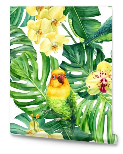 Tropical palm leaves, orchid flowers and lovebird birds. Watercolor hand-painted. Floral Seamless pattern. Jungle design. High quality illustration