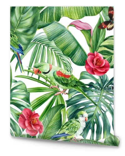 Tropical palm leaves, flowers and birds on white background. Watercolor hand-painted. Floral Seamless pattern. Jungle design . High quality illustration