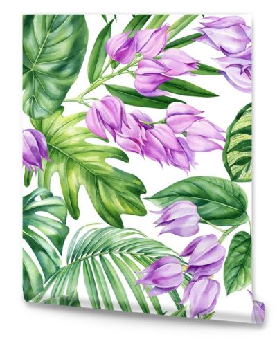 Palm leaves, violet flowers, tropical background, watercolor botanical painting. Seamless pattern, jungle wallpaper. High quality illustration