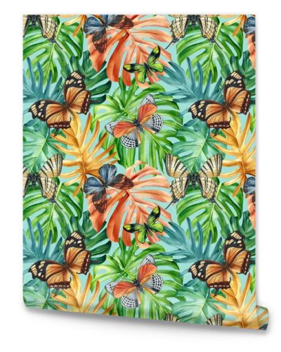 Palm leaves, tropical butterfly. Colored background, watercolor painting. Seamless pattern, jungle wallpaper. High quality illustration