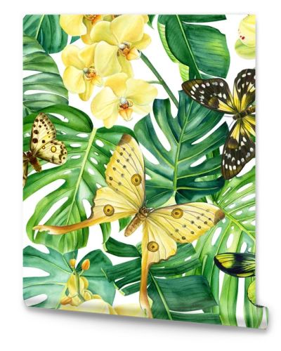 Watercolor orchid Flower, Palm leaves, tropical butterfly. Colored background, Seamless pattern, jungle wallpaper. High quality illustration