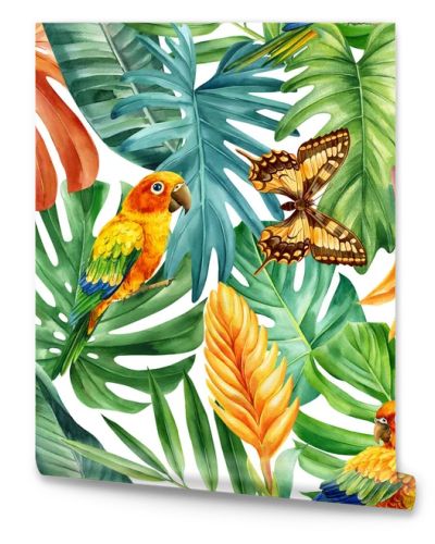 Colored leaves, lovebird, butterfly tropical watercolor painting. Seamless pattern, jungle illustration print . High quality illustration