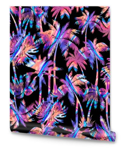 Vibrant synthwave seamless pattern with neon colorful palm trees on a dark background. Retro 80s tropical aesthetic backdrop.