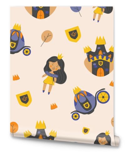 Little cute princess, castel coach and abstract trees seamless pattern. Kids nursery background, textile fabric cover funny decor vector illustration