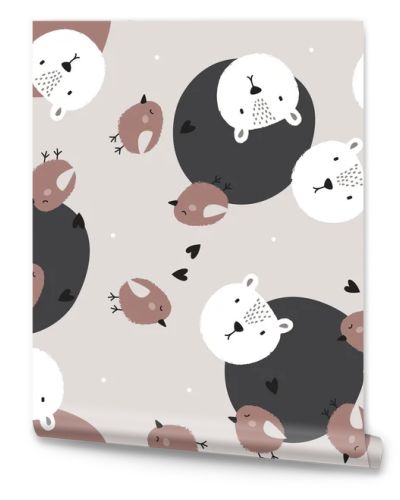 Sweet Teddy bear and little bird seamless pattern. Kids vector background.