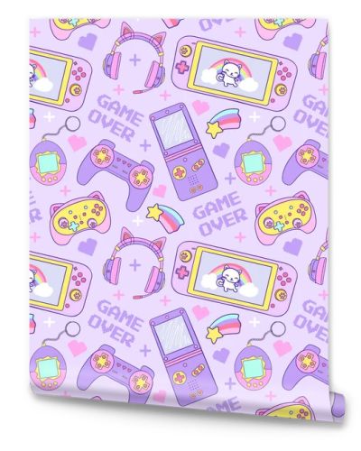 Kawaii seamless pattern Gamer Girl. 90s Game vector illustration