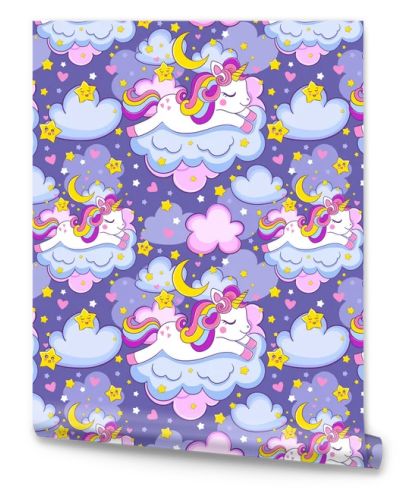 cute unicorn sleeps on the clouds print and seamless pattern for children's clothing
