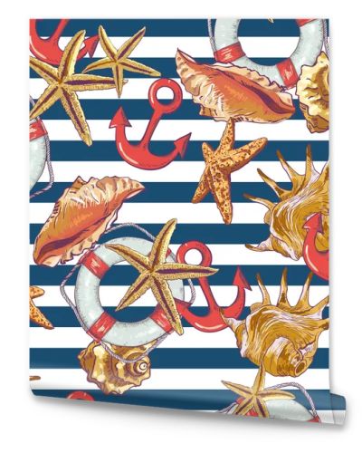 Summer Seamless Pattern with Sea Shells, Anchor