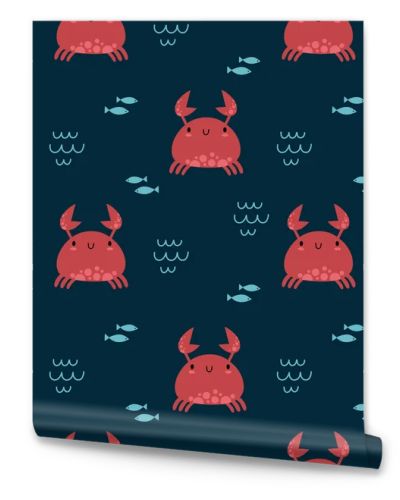 Cute kawaii summer marine animals seamless pattern. Kids cartoon character vector illustration