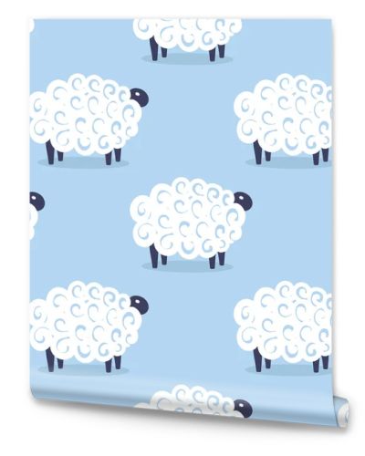 Cute sheep vector seamless pattern kids sweet dreams illustration on blue background. Baby shower background. Child drawing flat style white sheep. Kids design for fabric