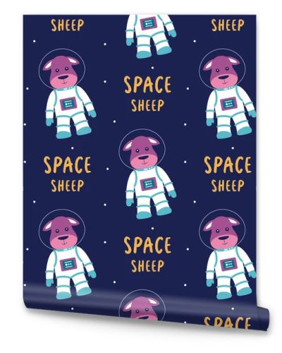 space seamless pattern, kids illustration with lettering text and different elements of cosmos, pattern of astronaut lambs