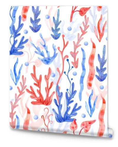 Watercolor seamless pattern with seaweeds and pearls on white background. Underwater plant hand painted illustration. Red and blue colors.