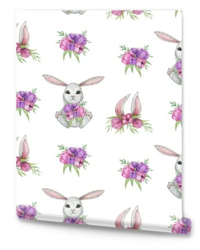 Spring Rabbit seamless pattern, watercolor bunny background, cute animals, easter pattern design, rabbit with flowers digital paper, hare ear pattern, kids textile design