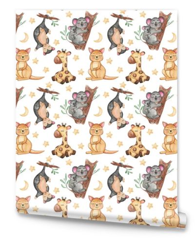 Seamless pattern of Australian animals, Repeating background, Cute sleeping animals, giraffe, koala and kangaroo pattern, kids textile pattern design