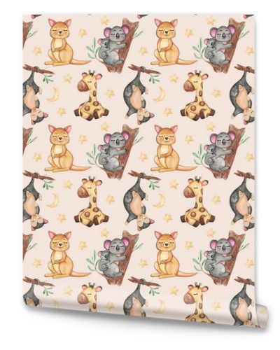 Seamless pattern of Australian animals, Repeating background, Cute sleeping animals, giraffe, koala and kangaroo pattern, kids textile pattern design