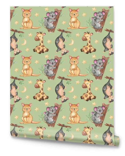 Seamless pattern of Australian animals, Repeating background, Cute sleeping animals, giraffe, koala and kangaroo pattern, kids textile pattern design