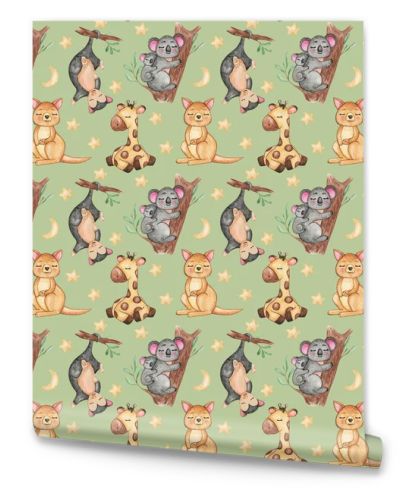 Seamless pattern of Australian animals, Repeating background, Cute sleeping animals, giraffe, koala and kangaroo pattern, kids textile pattern design