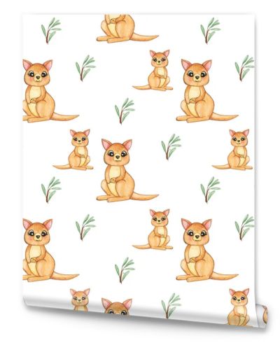 Cute Kangaroo pattern, Wild animals of Australia, Watercolor kangaroo seamless pattern, kids background, Australian animals pattern, repeating background