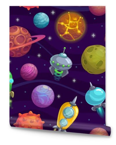 Seamless space pattern with cartoon planets and space ships